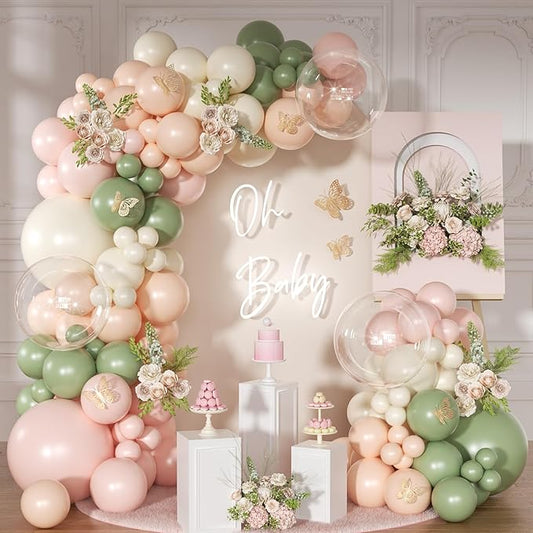 Pink and Sage Green Balloon Arch Kit 131 Pcs Dusty Pink Green Balloons Different Size for Wedding Birthday Baby Shower Gender Reveal Decorations