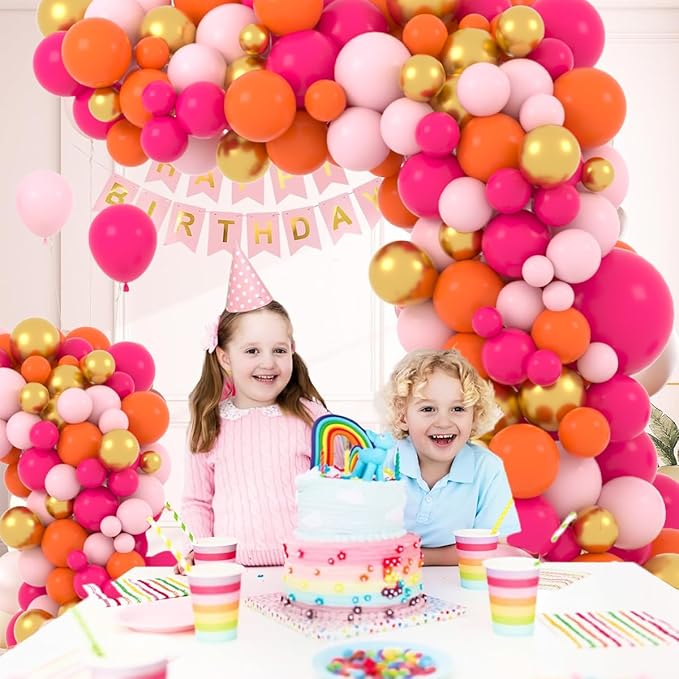 Hot Pink Orange Gold Balloon Garland Arch, 122PCS Rose Red, Metallic Gold Balloons Pink and Orange Party for Wedding Birthday Anniversary Valentine Day Party Decors