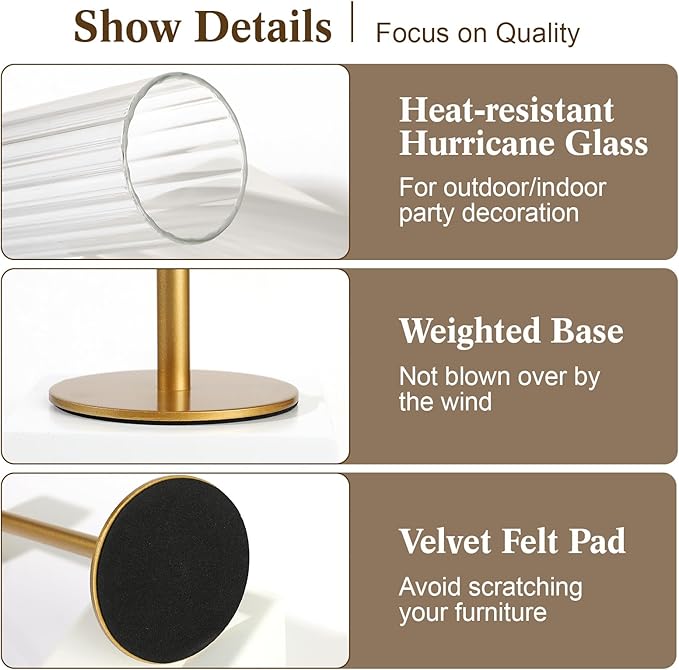 Glass Hurricane Candle Holders Set of 6-Gold Metal Base Taper Candle Stick Holders for CandlesticksHolder Decor, Elegant Dining Table Centerpiece for Wedding, Christmas & Home Decor-Ribbed Glass