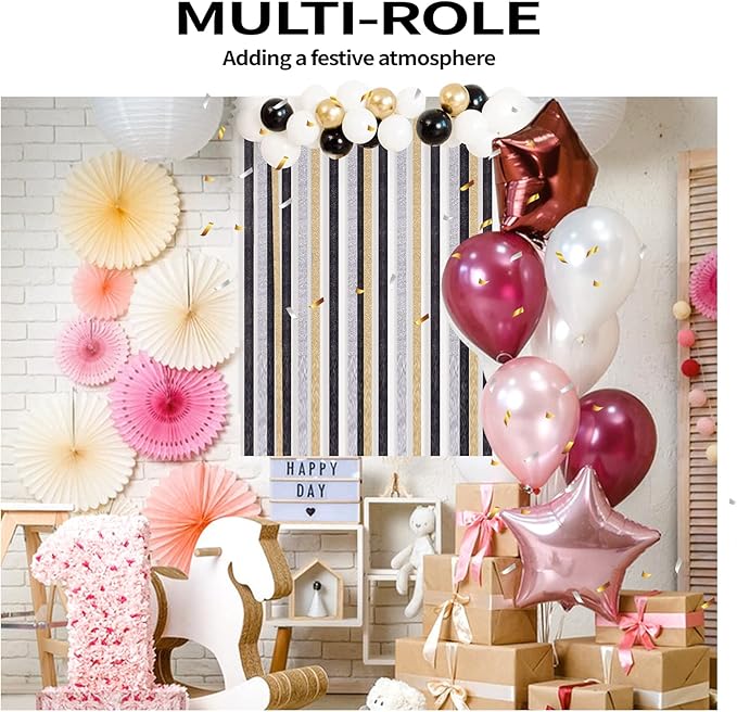 Crepe Paper Streamers 6 Rolls 492ft, Pack of 2 Gold, 2 Silver, 2 Black - Streamers Party Decorations Streamers (1.8 Inch x 82 Ft/Roll),for Party Decorations Birthday Decorations, Wedding Decorations