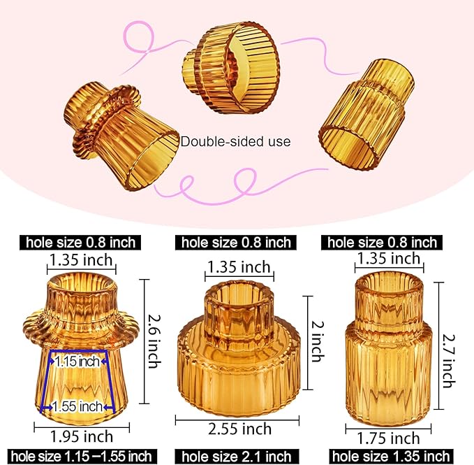 Double Sided Vintage Ribbed Taper Glass Candle Holders,Tea Candle Holder for Table Centerpieces, Wedding Decorations and Dinner Parties (Amber, 3 PCS)