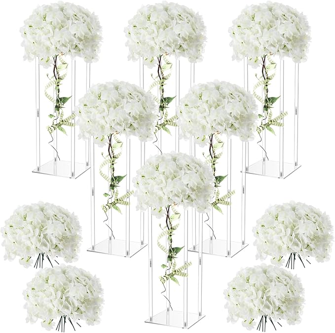 Geetery Tall Acrylic Wedding Flower Stand Centerpieces Clear Elegant Vase Column Stand with Artificial Hydrangea Flowers for Wedding Party Table Home Decorations(6 Pcs,20 Inch)