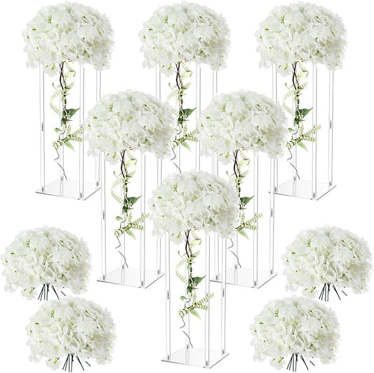 Geetery Tall Acrylic Wedding Flower Stand Centerpieces Clear Elegant Vase Column Stand with Artificial Hydrangea Flowers for Wedding Party Table Home Decorations(6 Pcs,20 Inch)