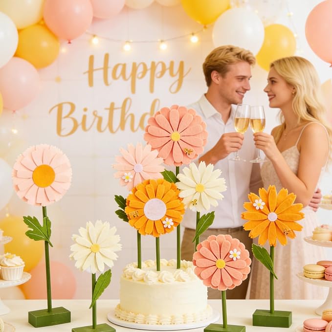 SUNBEAUTY 8 PCS Daisy Felt Centerpieces for Tables Flower Birthday Decorations Daisy Birthday Party Decorations Pink Orange Spring Floral Table Decor for Girl Birthday Baby Shower Garden Home Decor