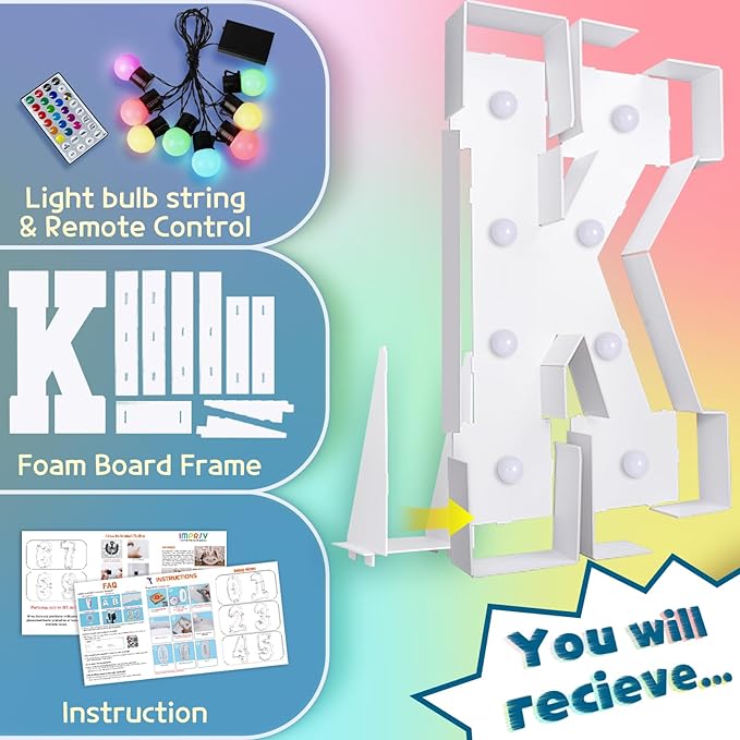imprsv 3FT Colorful Marquee Letters K, 18 Colors Large Light up Letters Alphabet Sign with Remote, Big Marry Me Sign, Birthday Party Decorations Anniversary Wedding Decoration