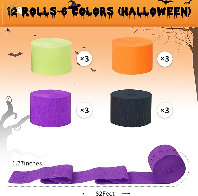 12 Rolls Halloween Crepe Paper Streamers, 4 Colors Halloween Party Streamers for Ceiling, Background Wall, Dining Table, Door, Window, Staircase, Yard Decoration