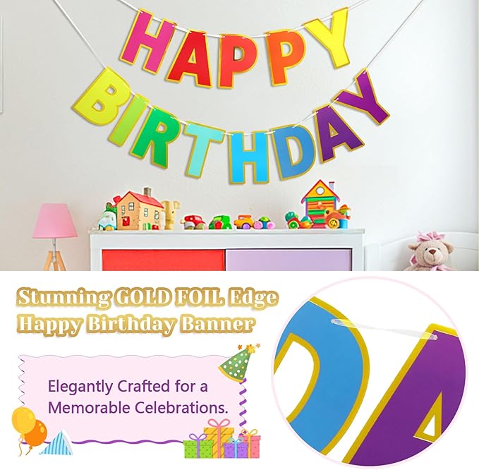 Happy Birthday Banner - 9 ft Pre-Strung Backdrop Sign for Women, Men, Girls, Boys - No DIY Colorful Birthday Decorations & Party Supplies