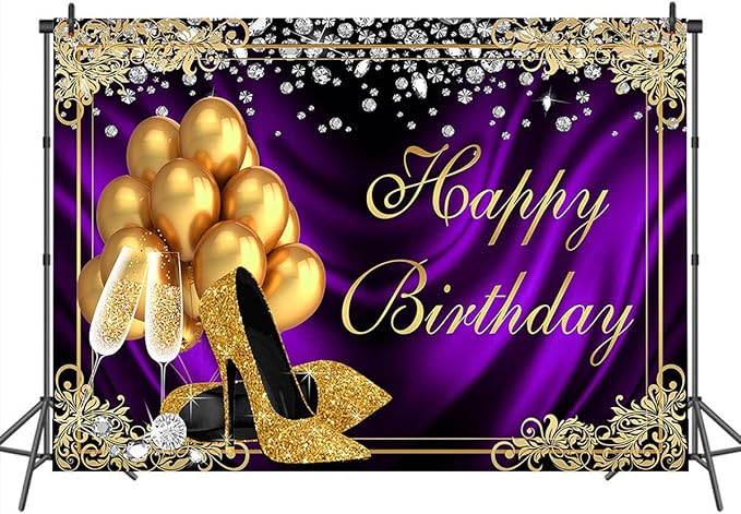 Mocsicka Royal Purple Birthday Backdrop Shiny Diamond Gold Heels Champagne Photography Background Vinyl Adults Women Happy Birthday Golden Frame Party Decorations Supplies Photo Props (7x5ft)