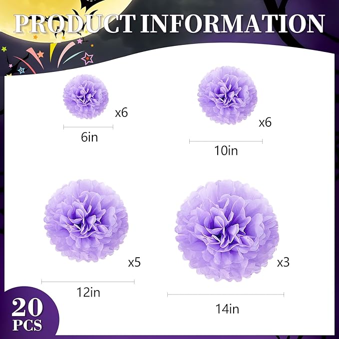 20 PCS Light Purple Tissue Paper Pom Poms Flowers, Sizes 6", 10", 12", 14" Hanging Paper Flower Ball for Wedding, Birthday, Halloween, Christmas, Baby Shower Party Decor