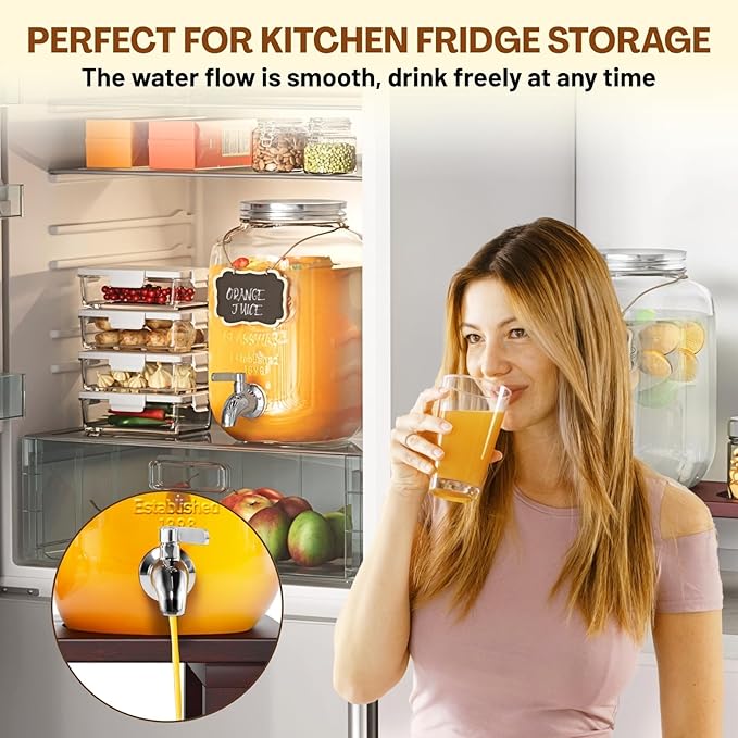 2PCS Large Glass Drink Dispensers for Parties, Glass Beverage Dispenser with Solid Wood Stand, Lemonade Dispenser with Stainless Steel Spigot & Filter for Juice, Sun Tea, Punch, Ideal for Parties