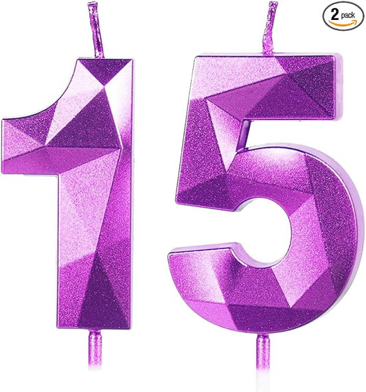 Yiran Number 15 Candles,15th Birthday Candles,Purple Happy Birthday Candle for Cake,3D Design Cake Topper Decorations for Girl Women Pet Birthday Party Wedding Anniversary Celebration Supplies