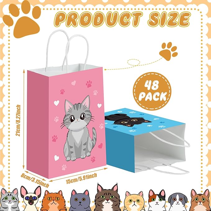 Zhanmai 48 Pcs Cat Birthday Party Favors Bags Bulk for Goodie Gifts Cute Kitty Candy Treat Paper Bags with Handles for Kitten Birthday Party Decoration Supplies Pet Adoption