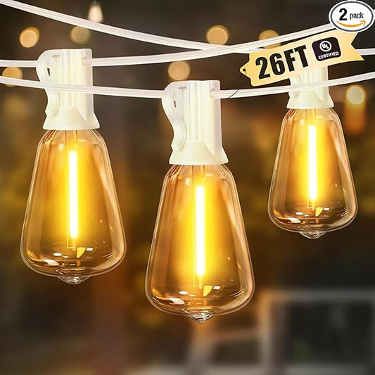 LAMPHOME 2-Pack 26FT Outdoor Patio Lights, 2700K Warm White String Lights，12+1 LED Waterproof Shatterproof Edison Bulbs, Dimmable with Timer for Garden Backyard Yard Hanging Lighting
