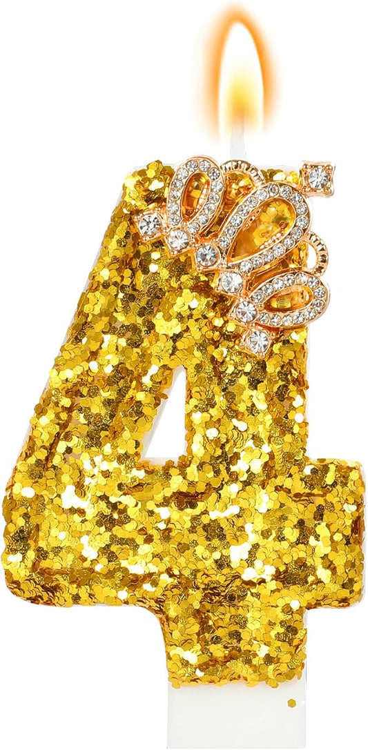 Gold Birthday Candle Crown Number 4 Candle with Sequins Cake Candles Cupcake Decorations Party Decor for Anniversary Celebrations Supplies