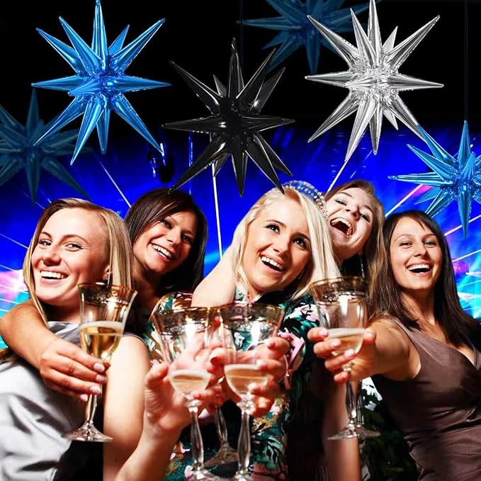 TONIFUL 8 Pcs Blue Silver Black Foil Balloons Large Star Balloons Explosion Star Mylar Balloons for Party Backdrop Christmas New Year Birthday Wedding Baby Shower Anniversary Photo Booth Supplies