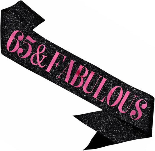 65 & Fabulous Sash, Funny 65th Birthday Sash for Women 65th Bday Party Photo Prop Favors Suppiles, Pink Foil Letter, Glitter Black