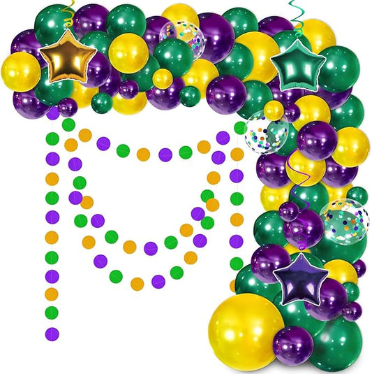Mardi Gras Decorations Balloons Garland Arch Kit - Purple Green Gold Dot Banner & Hanging Swirls for Birthday Party Decor Supplies