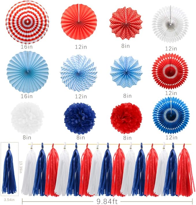 Navy Blue Red White Party Decorations Hanging Paper Fans Pom Poms Flowers Tissue Tassel Garland for 4th of July Day Patriotic Decoration Graduation Birthday Supplies