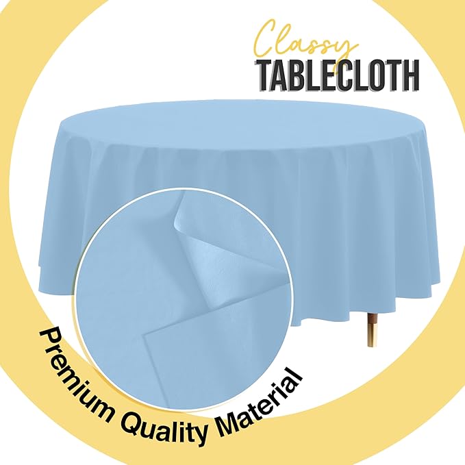 Exquisite 66% Thicker Premium Light Blue Round Tablecloth 0.5 Mil 12 Pack Plastic Table Cloth Disposable 84 Inch Round Plastic Tablecloth Won't Tear Easily Like Cheap Thin Brands