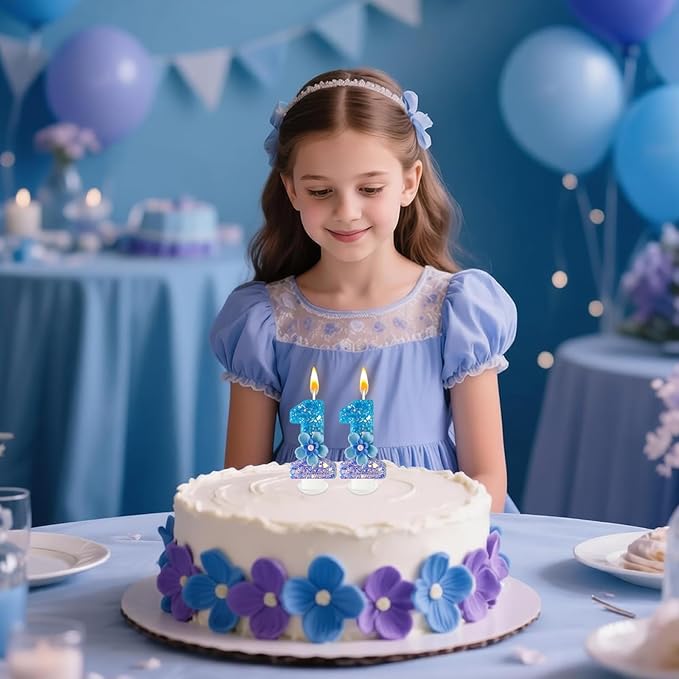 Blue Purple Flower Birthday Number Candles, Flower Theme Party Decorations, Cupcake Decorations, Suitable for Party Celebrations, Boys and Girls Birthday Decorations（11）