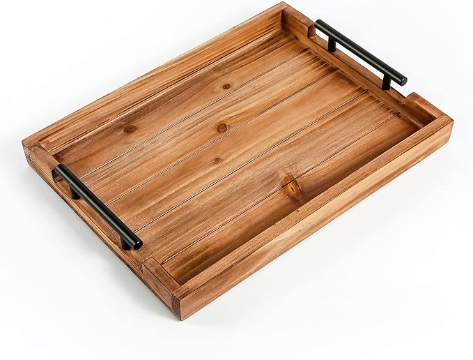 Coffee Table Tray Decorative Nested Vintage Wood Serving Tray Set for Eating, Breakfast, Party, Kitchen, Ottoman,Tea Coffee Table Large Ottoman Trays (Wood, 2pc)