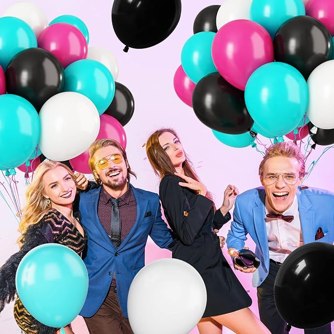 Paready Disco Music Party Balloons, 30 Pcs 12 Inch Hot Pink Black Blue and White Latex Balloons with Ribbons for 80s 90s Disco Music Party Hip Hop Theme Party Birthday DJ Short Video Party Decoration