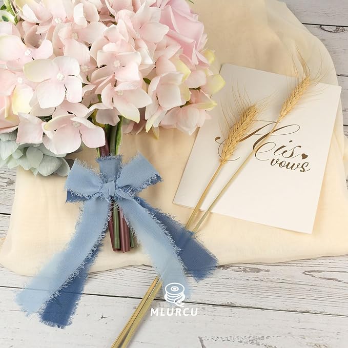 Handmade Fringe Chiffon Silk Ribbon - 1 Inch x 3Yd, Baby Blue & French Blue, Wedding Invitation & Gift Wrapping