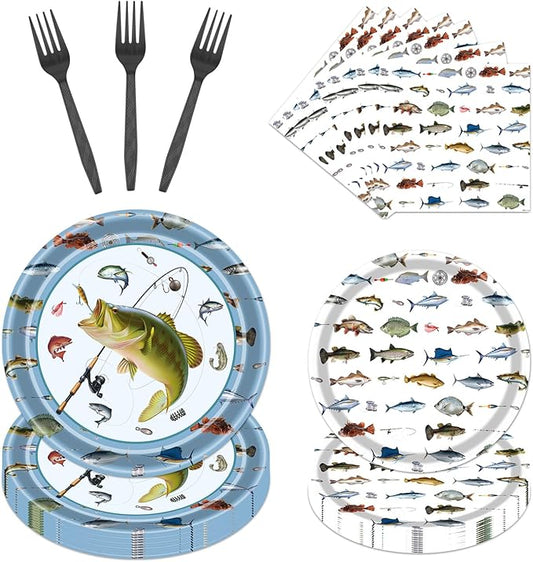 Rakuto Gone Fishing Party Plates, 96PCS Fishing Birthday Party Decorations Supplies, Fish Themed Paper Plates and Napkins Forks Disposable Tableware Supplies(24 Guests)