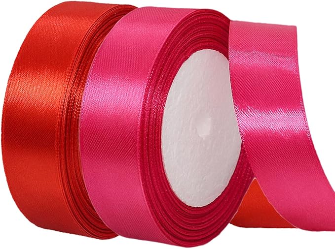 2 Rolls Red Hot Pink Ribbon, 1 Inch x 50 Yards Satin Fabric Ribbon for Flower Bouquets, Gift Wrapping, DIY Crafts, Birthday Cakes, Holiday, Wedding Party and Mother’s Day Decorations