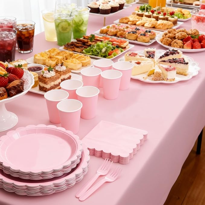 Oigco 50 Pcs Pink Plates and Napkins, Disposable Light Pink Scalloped Paper Plates & Napkins for Wedding Bridal Shower Birthday Baby Shower, Serves 25