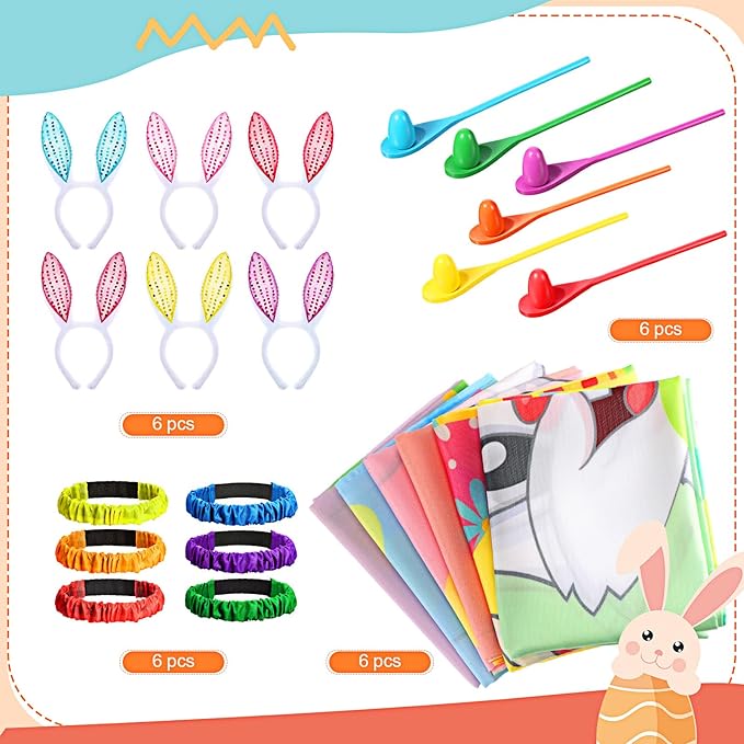 Civaner 30 Pcs Outdoor Games Set for Kids Includes 6 Bunny Potato Sack Race Bags 6 Egg and Spoon 6 Bunny Ears Headbands 6 Legged Relay Race Band for Game Party(Rainbow Color,Cute)