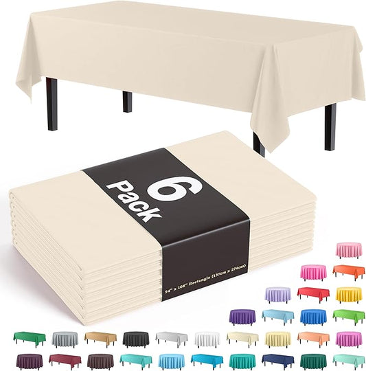 Exquisite Party Solids 6-Pack Premium Plastic Tablecloth 54in. x 108in. Rectangle Plastic Table Cover - Ivory