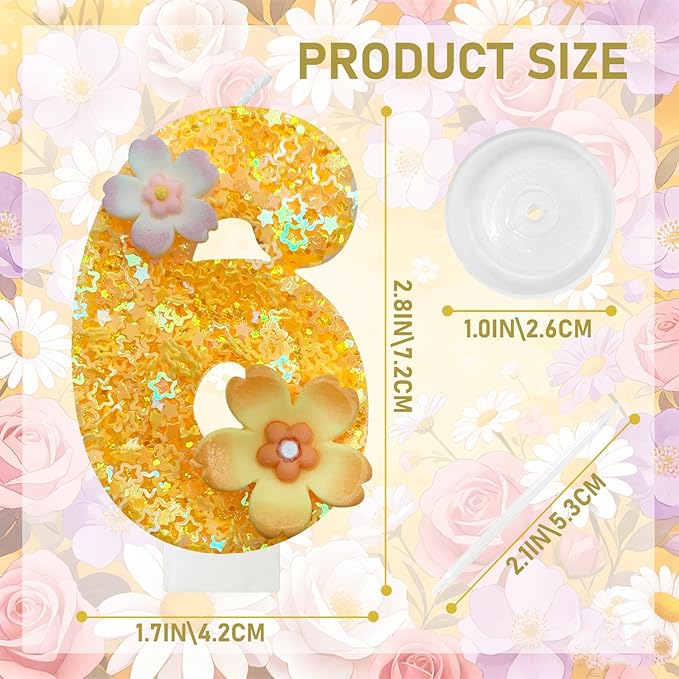 Yellow Birthday Candle, Flower Number Birthday Candles for Cake, Ideal Birthday Parties Cake Decor, Wedding Anniversary and Other Celebrations (6 Candle, Yellow)