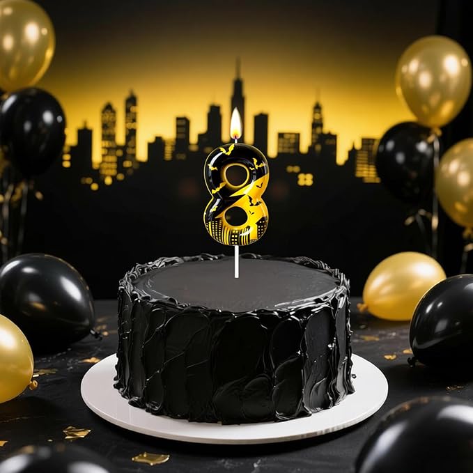 Black Yellow Number 8 Birthday Candle for Cake – Dark Night Hero Style with Bat & City Silhouette Design – Unique Cake Topper for Birthday, Anniversary, Themed Party Decoration