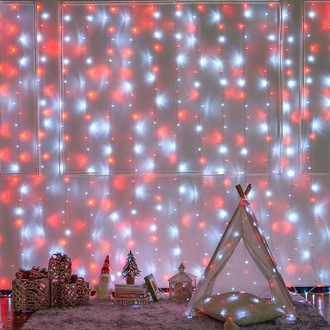 JMEXSUSS 300LED Red and White Christmas Curtain Lights with Remote, 9.8x9.8ft Christmas String Lights Plug in, 8 Modes Twinkle Hanging Fairy Lights for Bedroom Window Wall Porch Indoor Outdoor Decor