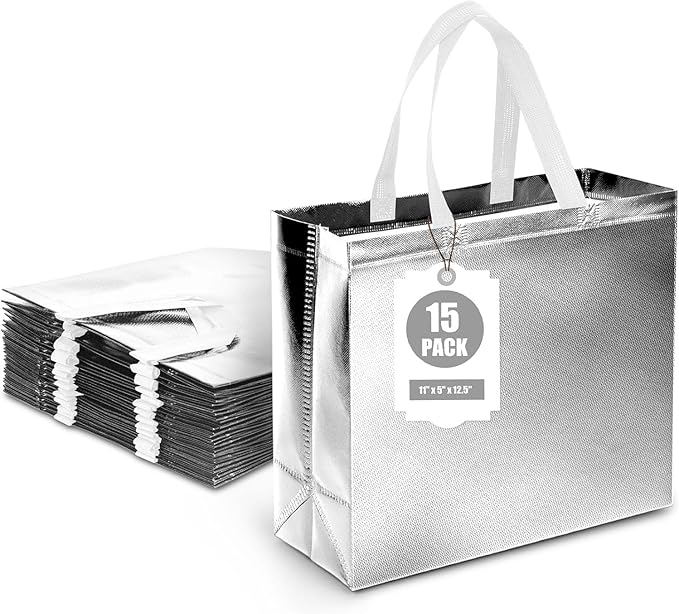 VGOODALL 15 Pack Large Gift Bags with Handles, 12.6" x 5" x 11" Silver Reusable Gift Bags Bulk for Birthday Wedding Party Favor