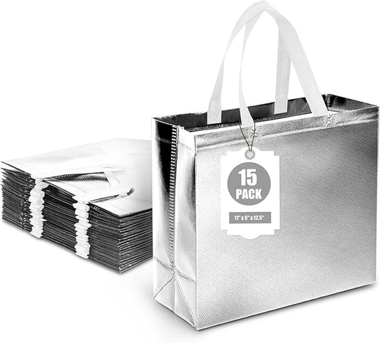 VGOODALL 15 Pack Large Gift Bags with Handles, 12.6" x 5" x 11" Silver Reusable Gift Bags Bulk for Birthday Wedding Party Favor