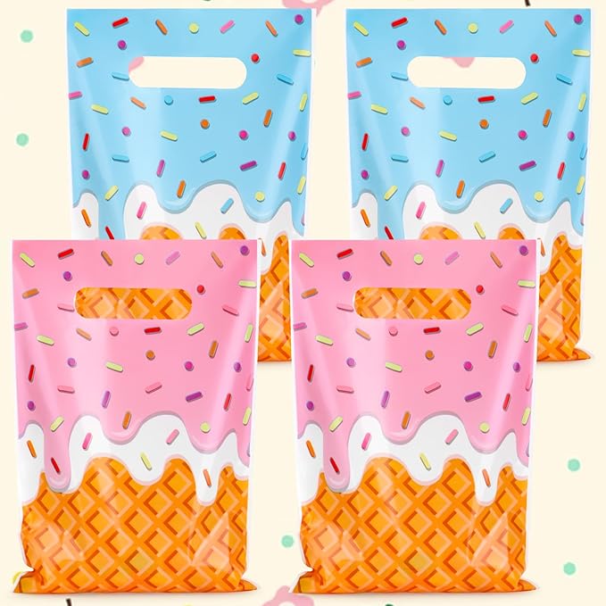 Hxezoc 50 Pieces Ice Cream Gift Bags Plastic Ice Cream Bags Practical Party Bag Party Favors for Cute Summer Theme Birthday Party Decoration Supplies