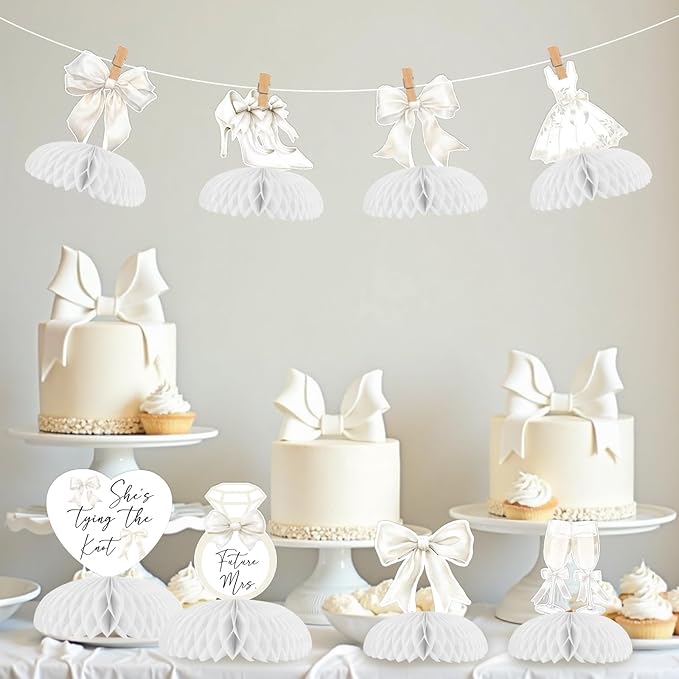 8Pcs White Bow Bachelorette Honeycomb Centerpieces, She's Tying The Knot Bridal Shower Decorations Bowknot Theme Table Toppers for Engagement Decor Supplies