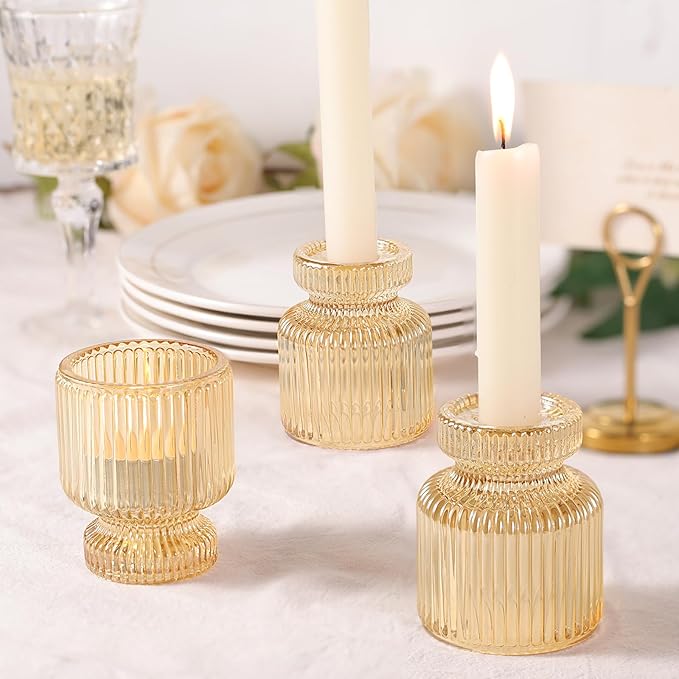 DARJEN 6 Pcs Gold Candlestick Holders - Glass Taper Candle Holders Tealight Votive Candle Holders for Table Centerpieces, Wedding, Dinner Party, Home, Gifts (Pack of 2)