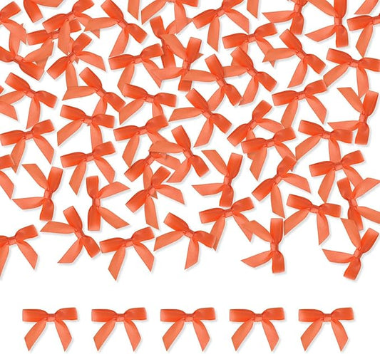 Meseey 100 Pcs 1.5 Inches Premade Craft Bows Self Adhesive Orange Satin Ribbon Bows for Treat Bags Gift Wrapping Basket Wedding Baby Shower Brithday Party (Orange)