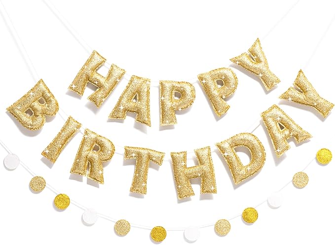 Pre-strung Gold Glitter Happy Birthday Banner Garland, Reusable Birthday Party Decorations, No DIY Gold Birthday Party Banner Sign Decor for Women Men Boys Girls Party Backdrop Party Supplies