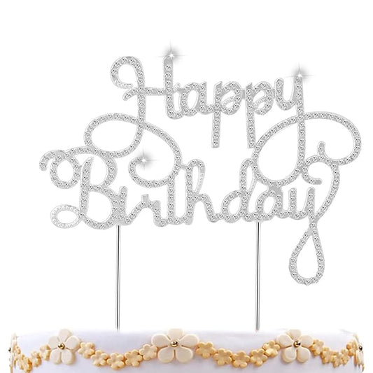 Happy Birthday Cake Topper Silver Crystal Rhinestone Birthday Cake Decoration for Women Metal Birthday Party Sparkly Bling Diamond Cake Topper Party Decoration Centerpieces Keepsake