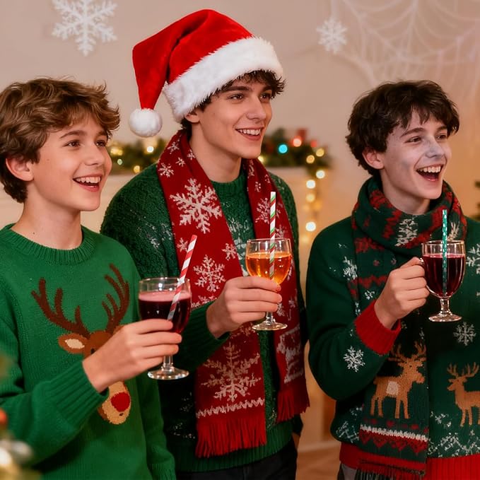 100 Pack Christmas Biodegradable Paper Straws, Red & Green Striped Holiday Drinking Straws, Non-Soggy, Party Supplies for Xmas Decorations, Santa, Festive Celebrations