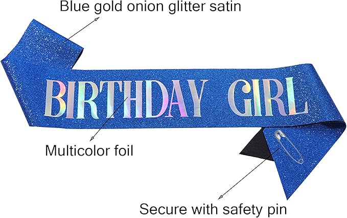 MGJSRNH 'Birthday Girl' Sash with Silver Iridescence Foil - Glitter Satin Blue Sashs for Women's Happy Birthday Celebrations
