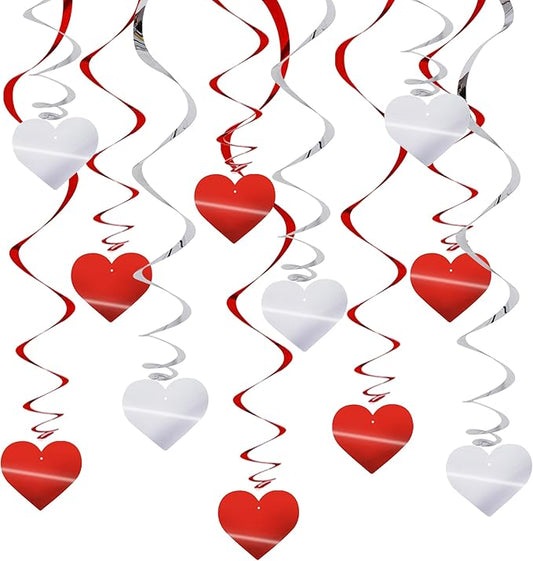 BEISHIDA Happy Valentine's Day Hanging Swirls Valentine's Decorations Red Silver Heart Hanging Ornament Wedding Anniversary Engagement Proposal Party Supplies Romantic Party Decorations Pack of 15