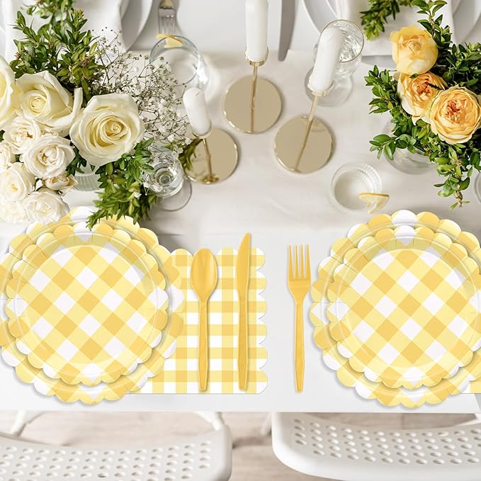 175 Pcs Yellow Scalloped Gingham Party Supplies for 25 Guests, Yellow and White Checkered Paper Plates, Cups and Napkins Sets for Baby & Bridal Shower, Wedding, Birthday Party, Outdoor Picnic