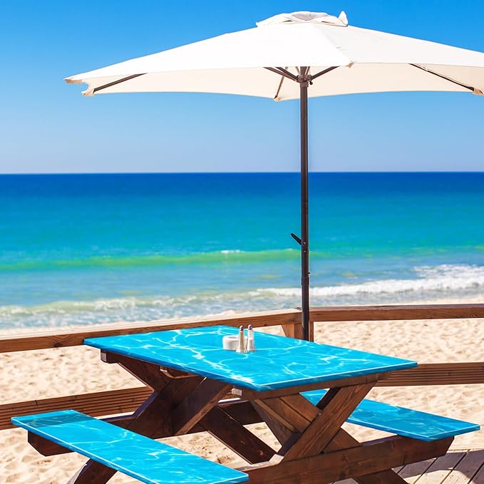 Boao 3 Pcs Vinyl Picnic Table Cover with Bench Cover 6 ft 30 x 72 Inch Waterproof Fitted Tablecloth Flannel Backing Rectangular Elastic Edged for Camping Outdoor Patio Travel(Seawater)
