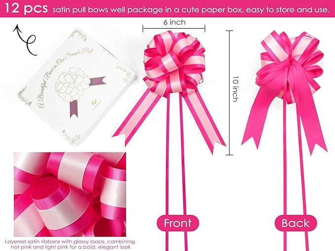 HUIHUANG Pink Pull Bows for Gift Wrapping 12 PCS Light Pink and Hot Pink Double Layer Satin Pull Bows 6" x 10" Gift Bow for Presents, Gift Basket, Birthday, Baby Shower Wedding Party Decor