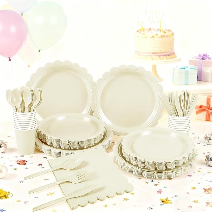 176 PCS Ivory Plates and Napkins - Beige Scalloped Plates, Napkins, Cups, Cutlery, Tablecloth for Baby Shower, Wedding, Birthday Party Decorations, Serves 25